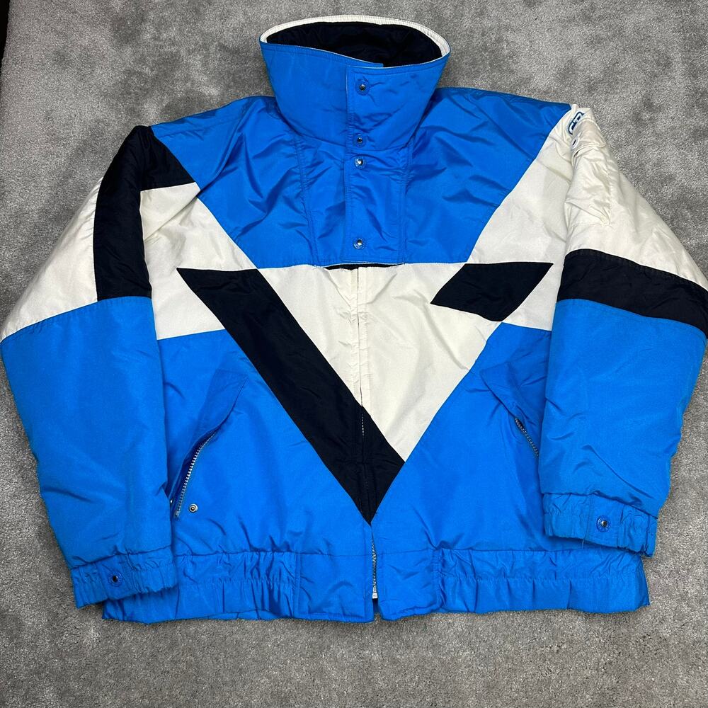 Vintage CB Sports Blue White Puffer Jacket Size Large Aztec 1990s Y2K Streetwear